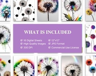 Rainbow Dandelion Digital Paper Pack: Scrapbook Backgrounds (Digital Download)