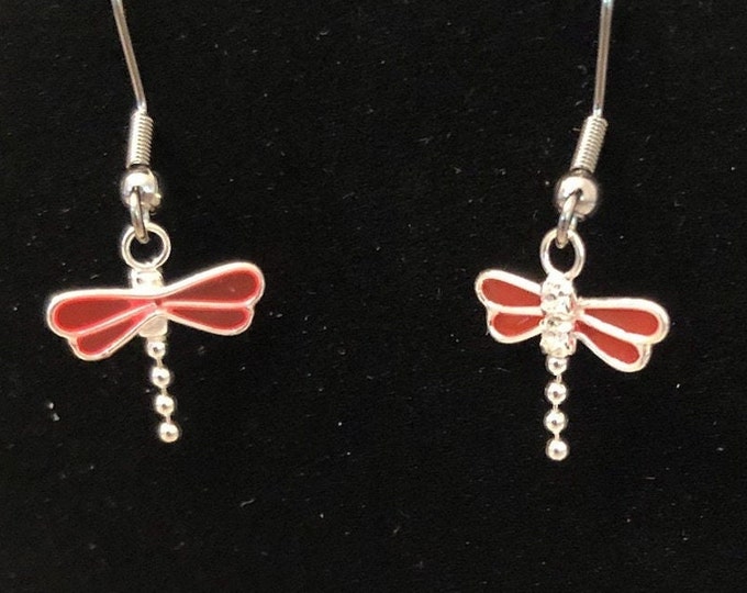 Dragonfly Dangle Earrings (2 Colors) - Sterling Silver, Crystal, and Enamel Dragonfly Charm Earrings on Stainless Steel Fish Hook Earwires