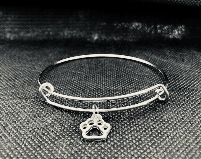 Animal Lover Bangle Bracelet - Stainless Steel Adjustable Bangle Bracelet with Stainless Steel Paw Print Charm - Stackable Bracelets