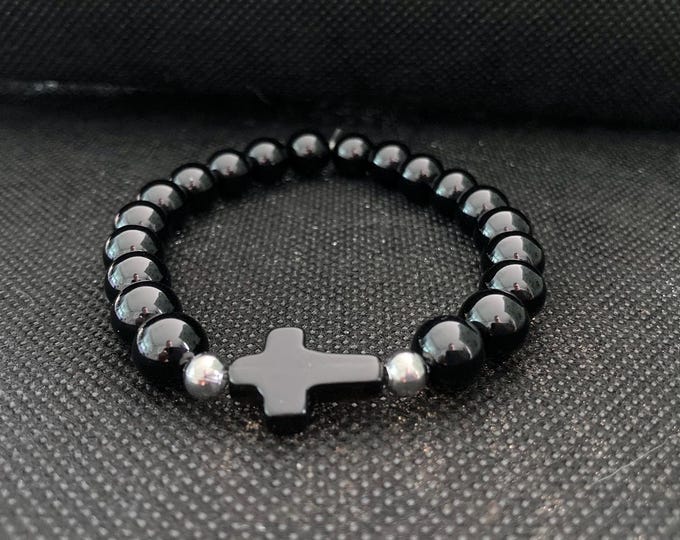 Shield of Faith Bracelet - Onyx Beaded Bracelet on Elastic Cord with Stainless Steel Accents and Onyx Cross Link - Faith Bracelet