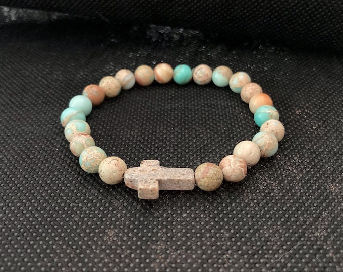 Earth & Ocean Grace Bracelet - Natural Sea Sediment Jasper Beaded Bracelet on Elastic Cord with Brecciated Jasper Cross Link