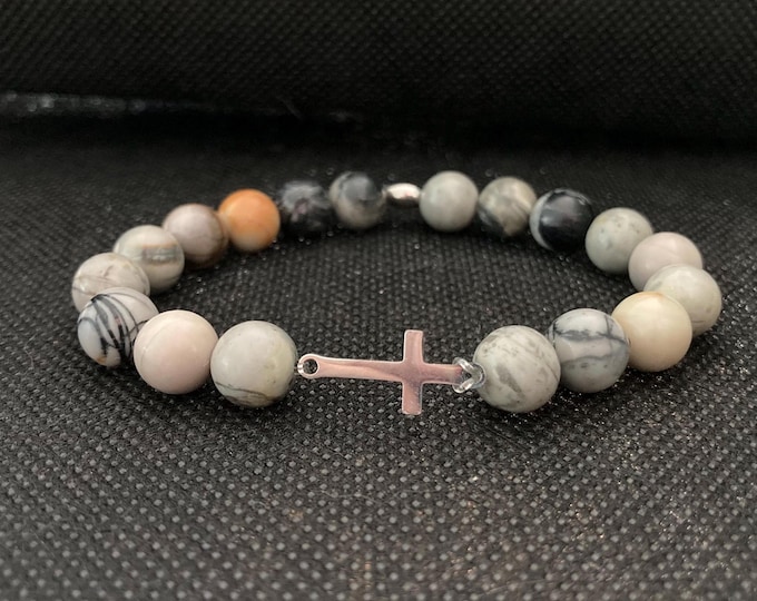 Faith & Focus Bracelet - Picasso Marble Jasper Beaded Bracelet on Elastic Cord with Stainless Steel Cross Link - Faith Bracelet
