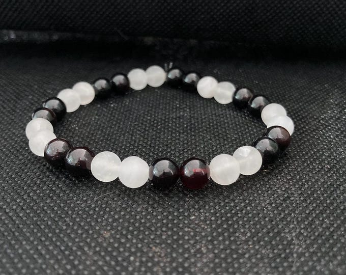 Heart & Soul Bracelet - Rose Quartz and Garnet Beaded Bracelet - Stretch Gemstone Bracelet on Elastic Cord - Stackable Bracelets