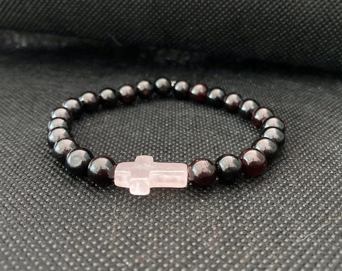 Heart & Faith Bracelet - Red Garnet Beaded Bracelet on Elastic Cord with Rose Quartz Cross Link - Stretch Bracelet - Faith Bracelet