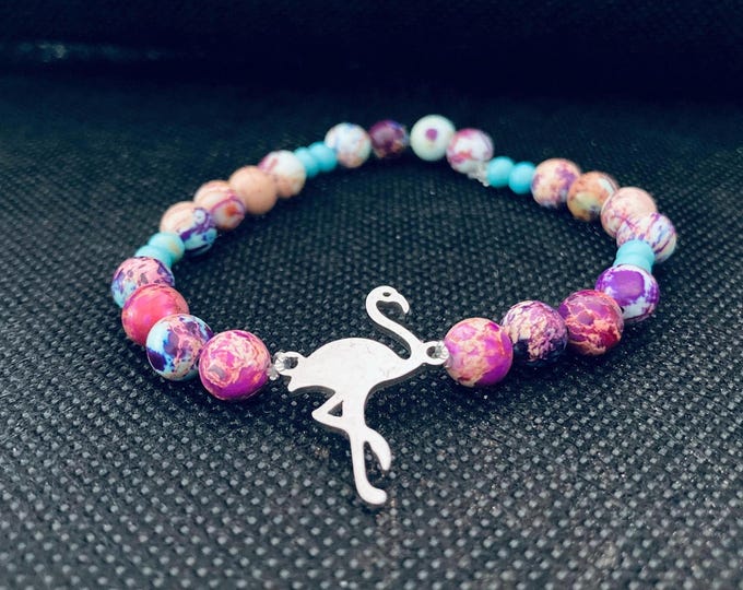 Coastal Balance Bracelet - Imperial Sea Sediment Jasper and Turquoise Beaded Bracelet on Elastic Cord with Stainless Steel Crescent Moon