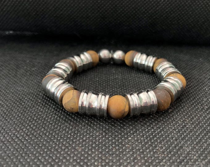 Focus & Strength Bracelet - Tiger's Eye Beaded Bracelet with Stainless Steel Accents - Stretch Bracelet - Unisex Bracelet