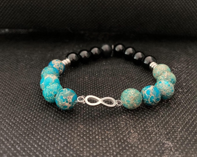 Infinite Calm Bracelet - Blue Sea Sediment Imperial Jasper and Hawk Eye Jasper Beaded Bracelet on Elastic Cord with Stainless Infinity