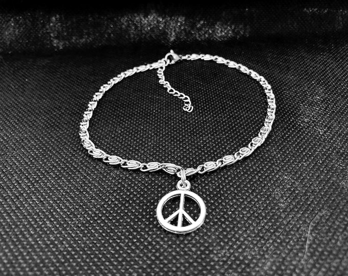 Peace & Love Anklet - Stainless Steel Scroll Anklet with Peace Sign Charm - Dainty Boho Ankle Bracelet