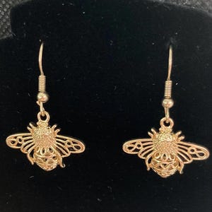 Gold Bumblebee Dangle Earrings - Gold Finished Brass Dangle Earrings with Fishhook Earwires and Bumblebee Charms