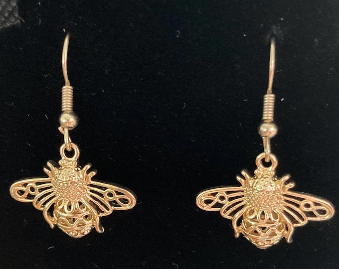 Gold Bumblebee Dangle Earrings - Gold Finished Brass Dangle Earrings with Fishhook Earwires and Bumblebee Charms