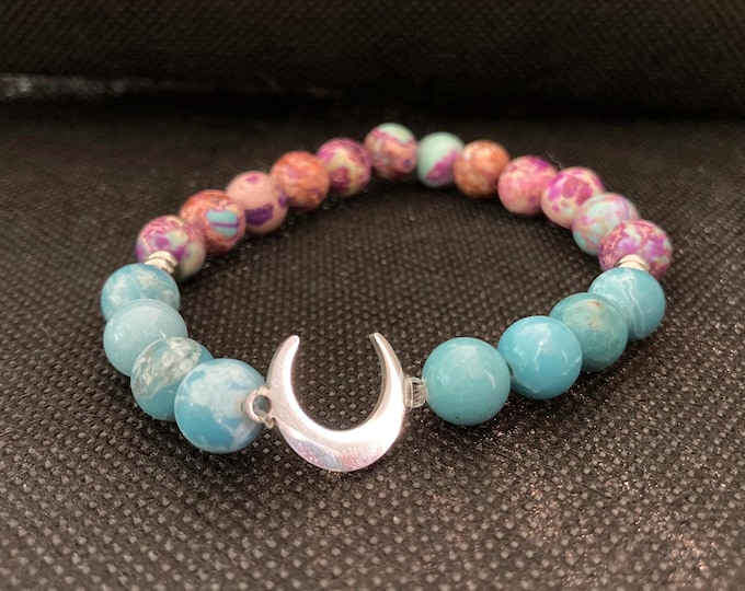 Lunar Calm Bracelet - Imperial Sea Sediment Jasper and Larimar Beaded Bracelet on Elastic Cord with Stainless Steel Crescent Moon Link