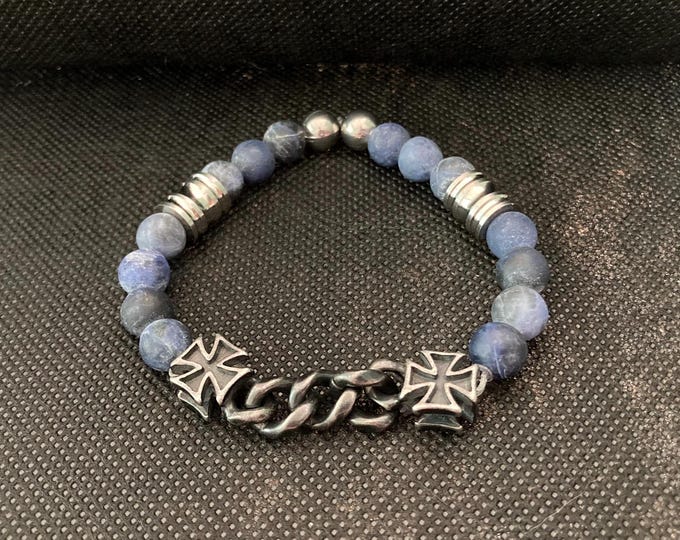 Iron Cross Bracelet - Sodalite Beaded Bracelet on Elastic Cord with Steel Iron Cross Chain Link and Stainless Steel Accents