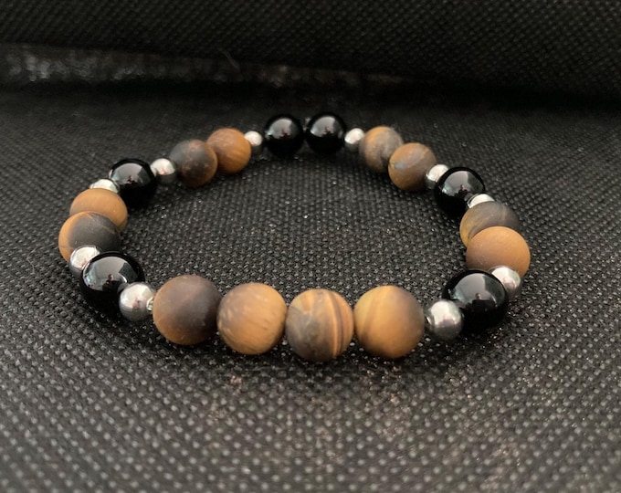 Warrior Spirit Bracelet - Onyx and Tiger's Eye Beaded Bracelet with Stainless Steel Accents - Stretch Bracelet - Stackable Bracelets