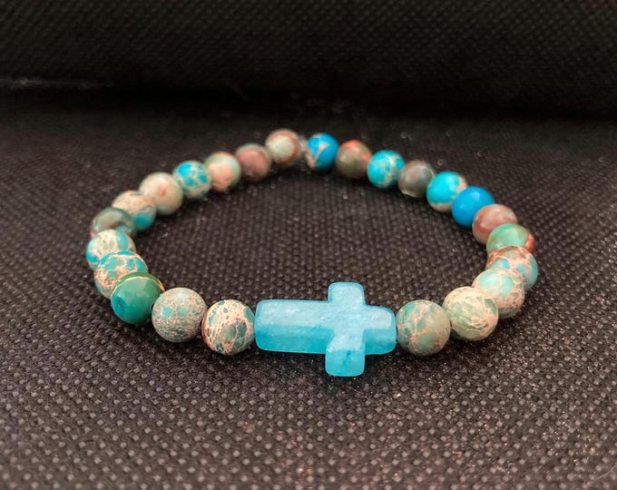 Waves of Faith Bracelet - Blue Sea Sediment Imperial Jasper Beaded Bracelet on Elastic Cord with Larimar Cross Link - Stretch Bracelets