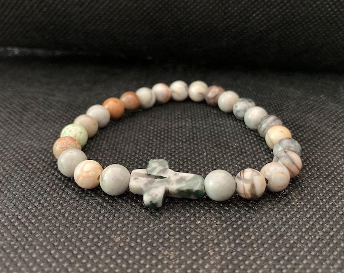 Stone of Stillness Bracelet - Picasso Marble Imperial Jasper Beaded Bracelet on Elastic Cord with Brecciated Jasper Cross Link