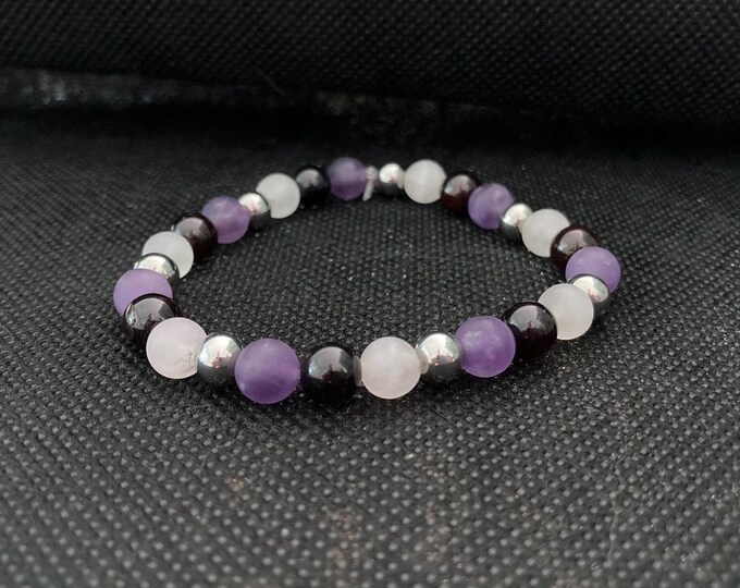 Serene Strength Bracelet - Amethyst, Garnet, and Rose Quartz Beaded Bracelet - Stretch Gemstone Bracelet with Stainless Steel Accents