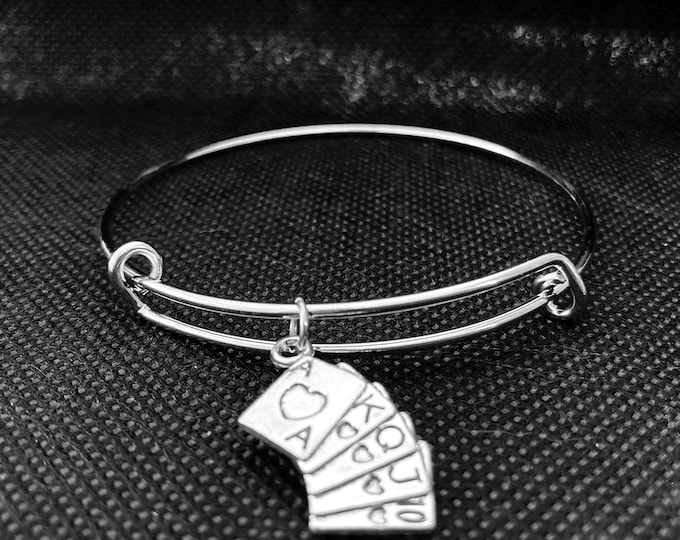 Royal Flush Bangle Bracelet - Stainless Steel Bangle Bracelet with Royal Flush Charm - Alex and Ani-inspired Bracelet - Adjustable Bracelet