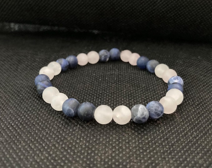 Heartfelt Wisdom Bracelet - Rose Quartz and Sodalite Beaded Bracelet - Stretch Gemstone Bracelet on Elastic Cord - Stackable Bracelets