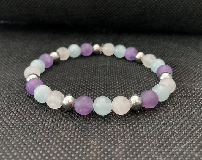 Evening Sky Bracelet - Amethyst, Aquamarine, and Rose Quartz Gemstone Bracelet with Stainless Steel Accents - Elastic Cord Stretch Bracelet