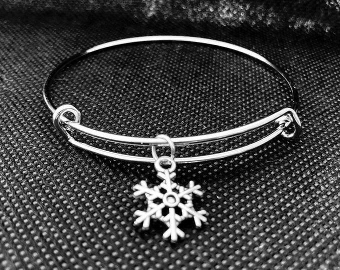 Snowflake Bangle Bracelet - Stainless Steel Snowflake Charm Bangle Bracelet - Adjustable Bracelet - Stackable Bracelets