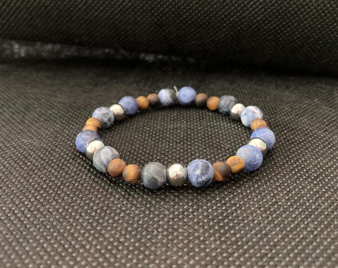 Truthful Courage Bracelet - Sodalite and Tiger's Eye Beaded Bracelet with Stainless Steel Accents on Elastic Cord - Stackable Bracelets