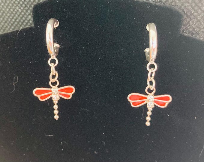 Little Wings of Love Hoop Earrings - Sterling Silver Earstud Hoop Earrings with Pink Dragonfly Charm