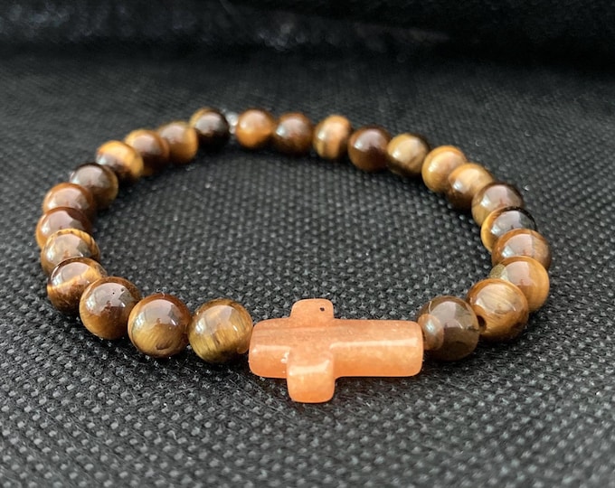 Golden Grace Bracelet - Tiger's Eye Beaded Bracelet on Elastic Cord with Goldstone Cross Link - Stretch Bracelet - Faith Bracelet