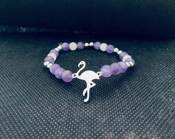 Peace & Love Bracelet - Amethyst and Rose Quartz Beaded Bracelet on Elastic Cord with Stainless Steel Flamingo Link and Accents