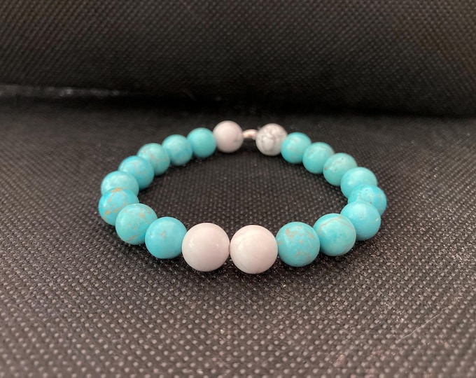 Tranquil Balance Bracelet - White Howlite and Turquoise Beaded Bracelet on Elastic Cord with Stainless Steel Accents - Stackable Bracelets