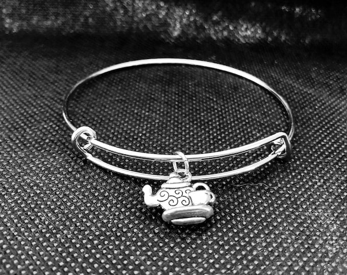 Tea Time Bangle Bracelet - Stainless Steel Adjustable Bangle Bracelet with Zinc Alloy Teapot with and Teacup Charm - Stackable Bracelets
