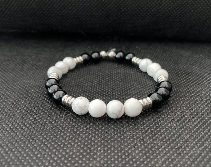 Grounded Calm Bracelet - White Howlite and Onyx Beaded Bracelet on Elastic Cord with Stainless Steel Accents - Stackable Bracelets