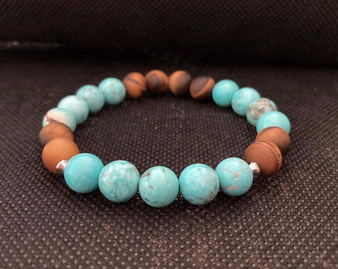 Strength & Serenity Bracelet - Turquoise and Tiger's Eye Beaded Bracelet on Elastic Cord - Stretch Bracelet - Stackable Bracelets