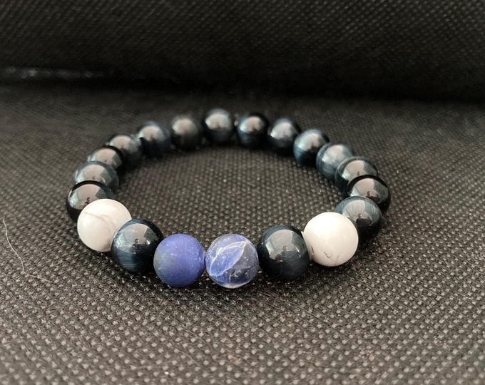 Clarity & Grounding Bracelet - Hawk Eye Jasper, Sodalite, and White Howlite Beaded Bracelet on Elastic Cord - Stackable Bracelets