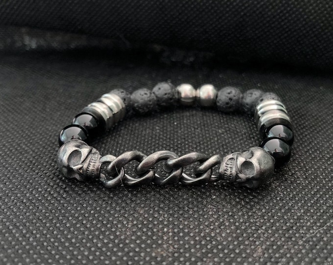 Steel Skull Bracelet - Onyx and Lava Beaded Bracelet on Elastic Cord with Steel Skull Chain Link and Stainless Steel Accents