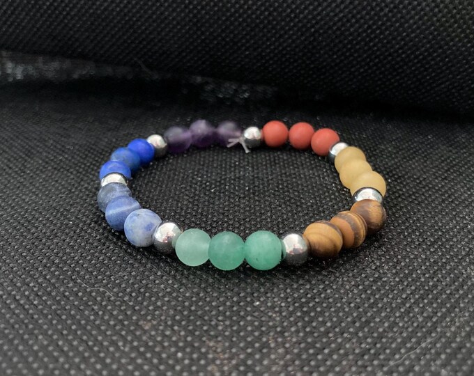 Seven Chakras Bracelet - Amethyst, Lapis Lazuli, Sodalite, Green Aventurine, Tiger's Eye, Yellow Jade, Red Jasper 7 Chakras Beaded Bracelet