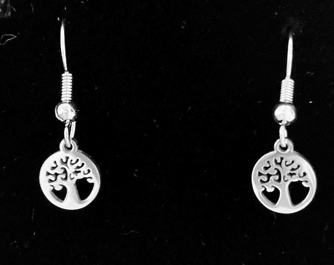 Spiritual Tree of Life Dangle Earrings - Stainless Steel Dangle Earrings on Fish Hook Earwires with Stainless Steel Tree of Life Coin Charms