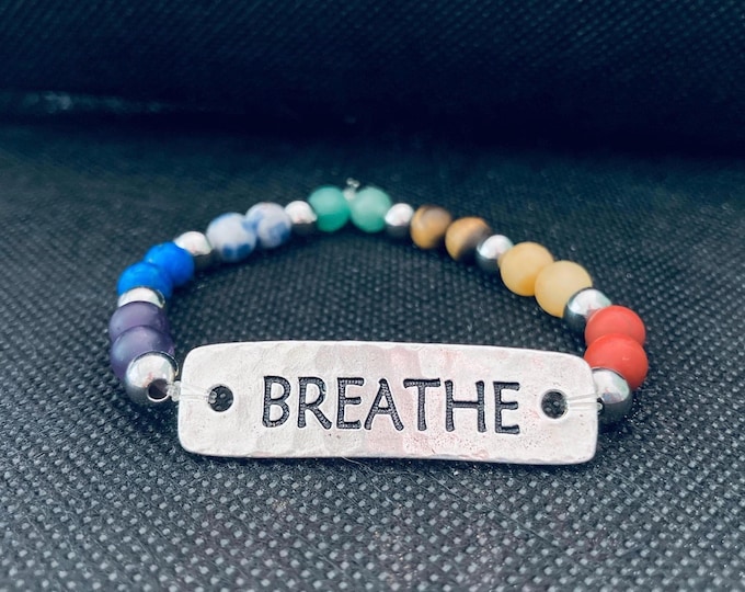 Breath of Life Bracelet - 7 Chakras Beaded Bracelet with Stainless Steel "Breathe" Link - Stretch Cord Healing Bracelet