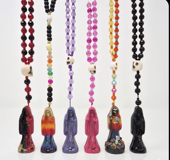 Handmade Santa Muerte Rosary. Rosario de La Santisima Muerte curada. Amulet statue
