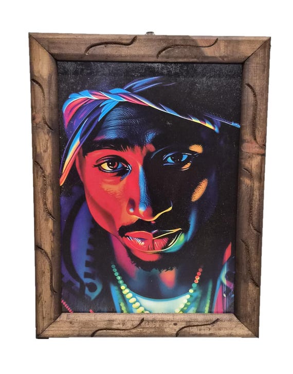 フォトフレーム 2PAC Tupac Shakur Neon Portrait, 12x18 Handcrafted Rustic Wood Frame
