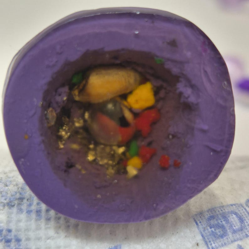 May include: A circular purple object with a hollow center containing a collection of small, multi-colored items including a tan seed-like shape, a yellow fragment, a red piece, a dark sphere, and scattered gold-colored metallic flakes.