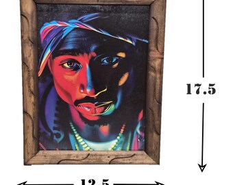 Tupac Shakur Neon Portrait, 12x18 Handcrafted Rustic Wood Frame