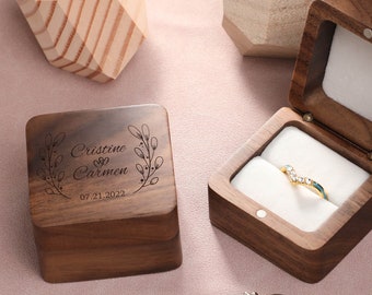 Personalized Wedding Ring Box, Engrave Wooden Square Ring Box, Square Walnut Ring Box, Ring Box For Wedding Ceremony