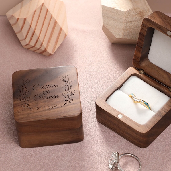 Personalized Wedding Ring Box, Engrave Wooden Square Ring Box, Square Walnut Ring Box, Ring Box For Wedding Ceremony