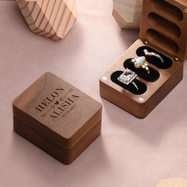 Personalized Wedding Ring Box, 3 Slot, Vintage Wooden 3 Ring Box, Wedding Ring Display Walnut Box, Anniversary Gift, Christmas gift