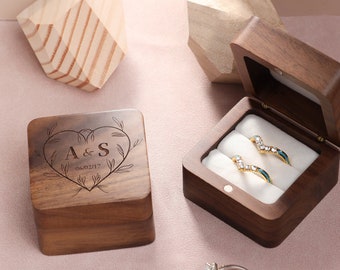 Personalized Wedding Ring Box, Engrave Wooden Square Ring Box, Square Walnut Ring Box, Double Slot Ring Box, Ring Box For Wedding Ceremony