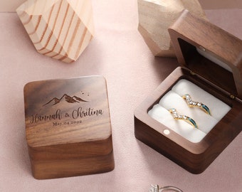Custom Wedding Ring Box, Engrave Wooden Square Ring Box, Square Walnut Ring Box, Double Slot Ring Box, Ring Box For Wedding Ceremony