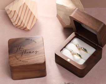 Customize Wedding Ring Box, Engrave Wooden Square Ring Box, Square Walnut Ring Box, Double Slot Ring Box, Ring Box For Wedding Ceremony