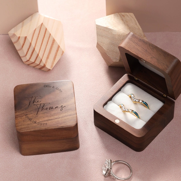 Customize Wedding Ring Box, Engrave Wooden Square Ring Box, Square Walnut Ring Box, Double Slot Ring Box, Ring Box For Wedding Ceremony