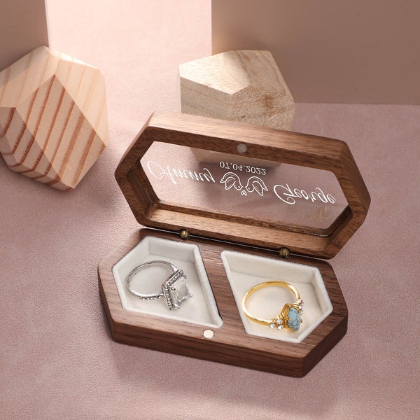 Aangepaste trouwring vak, aangepaste glazen deksel houten ring vak, ring vak voorstel, moderne rustieke bruiloft, cadeau voor haar, jubileumcadeau