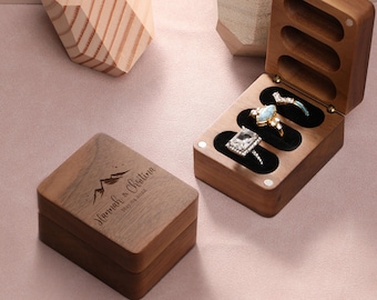 Personalized Wedding Ring Box, 3 Slot, Vintage Wooden 3 Ring Box, Wedding Ring Display Walnut Box, Anniversary Gift, Christmas gift